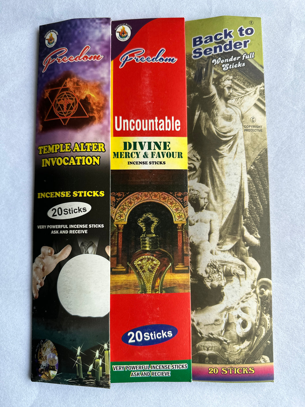 20 Sticks Incense Per Pack Temple Alter Invocation, Uncountable Divine Mercy & Favour, Back To Sender