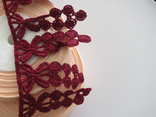 Load image into Gallery viewer, 1m BURGUNDY WINE Lace Trims 64mm Wide Embroidered Guipure Trimmings Cardmaking Wedding Home Decor Sewing Craft Projects