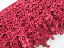 Load image into Gallery viewer, 1m BURGUNDY WINE Lace Trims 64mm Wide Embroidered Guipure Trimmings Cardmaking Wedding Home Decor Sewing Craft Projects