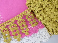 Load image into Gallery viewer, 1m GOLD Lace Trims 64mm Wide Embroidered Guipure Trimmings Cardmaking Wedding Home Decor Sewing Craft Projects
