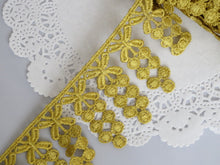 Load image into Gallery viewer, 1m GOLD Lace Trims 64mm Wide Embroidered Guipure Trimmings Cardmaking Wedding Home Decor Sewing Craft Projects