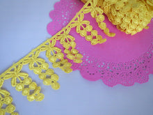 Load image into Gallery viewer, 1m YELLOW Lace Trims 64mm Wide Embroidered Guipure Trimmings Cardmaking Wedding Home Decor Sewing Craft Projects