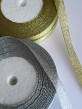 Load image into Gallery viewer, FULL ROLL GOLD SILVER Shine Trim App. 30 Yards 13mm Wide Glitter Shimmering Sheer Organza Ribbon Trimmings