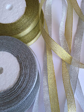 Load image into Gallery viewer, FULL ROLL GOLD SILVER Shine Trim App. 30 Yards 13mm Wide Glitter Shimmering Sheer Organza Ribbon Trimmings