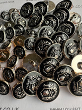 Load image into Gallery viewer, 5 10 20 SKULL SILVER BLACK or LIGHT GOLD BLACK 15mm 21mm Wide Shank Quality Buttons Dresses Tops Coats Babies Blazers Shirt Sewing Craft