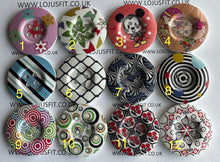 Load image into Gallery viewer, 2 3 5 Wooden Buttons 37mm - 38mm Wide Sewing Craft 4 holes Different Flower Designs Pattern Colours