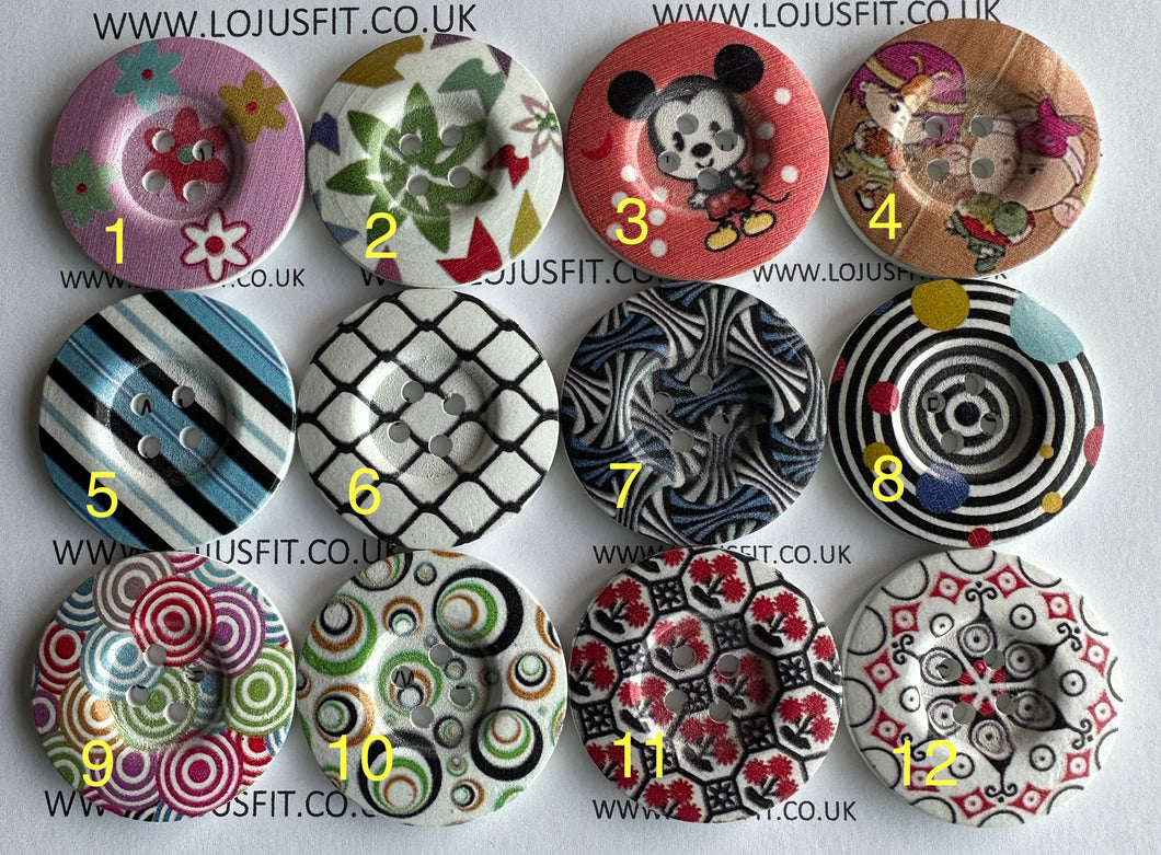 2 3 5 Wooden Buttons 37mm - 38mm Wide Sewing Craft 4 holes Different Flower Designs Pattern Colours