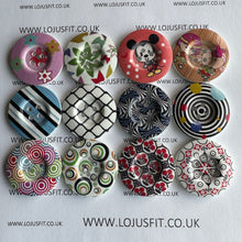 Load image into Gallery viewer, 2 3 5 Wooden Buttons 37mm - 38mm Wide Sewing Craft 4 holes Different Flower Designs Pattern Colours