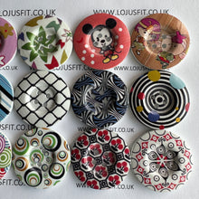 Load image into Gallery viewer, 2 3 5 Wooden Buttons 37mm - 38mm Wide Sewing Craft 4 holes Different Flower Designs Pattern Colours