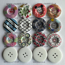 Load image into Gallery viewer, 2 3 5 Wooden Buttons 37mm - 38mm Wide Sewing Craft 4 holes Different Flower Designs Pattern Colours
