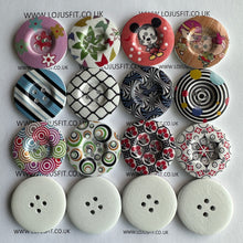 Load image into Gallery viewer, 2 3 5 Wooden Buttons 37mm - 38mm Wide Sewing Craft 4 holes Different Flower Designs Pattern Colours