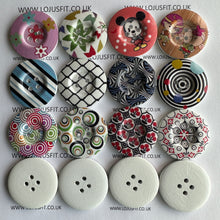 Load image into Gallery viewer, 2 3 5 Wooden Buttons 37mm - 38mm Wide Sewing Craft 4 holes Different Flower Designs Pattern Colours