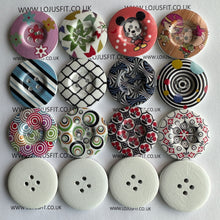 Load image into Gallery viewer, 2 3 5 Wooden Buttons 37mm - 38mm Wide Sewing Craft 4 holes Different Flower Designs Pattern Colours
