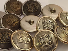 Load image into Gallery viewer, 5 BROWN SILVER Gold 25mm Wide Coat Of Arms Shank Quality Buttons Army Military Sewing Craft Coat Jacket