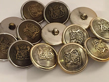 Load image into Gallery viewer, 5 BROWN SILVER Gold 25mm Wide Coat Of Arms Shank Quality Buttons Army Military Sewing Craft Coat Jacket