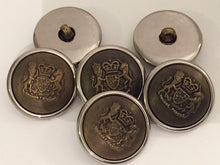 Load image into Gallery viewer, 5 BROWN SILVER Gold 25mm Wide Coat Of Arms Shank Quality Buttons Army Military Sewing Craft Coat Jacket