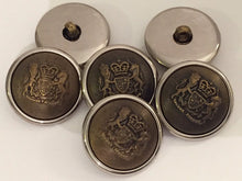 Load image into Gallery viewer, 5 BROWN SILVER Gold 25mm Wide Coat Of Arms Shank Quality Buttons Army Military Sewing Craft Coat Jacket