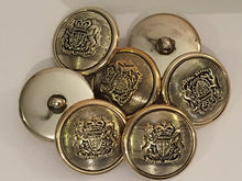 Load image into Gallery viewer, 5 BROWN SILVER Gold 25mm Wide Coat Of Arms Shank Quality Buttons Army Military Sewing Craft Coat Jacket