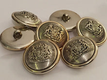 Load image into Gallery viewer, 5 BROWN SILVER Gold 25mm Wide Coat Of Arms Shank Quality Buttons Army Military Sewing Craft Coat Jacket