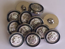 Load image into Gallery viewer, 10 BLACK SILVER Coat Of Arms 15mm Wide Shank Quality Buttons Dresses Tops Coats Babies Blazers Military Uniforms Shirt Sewing Craft