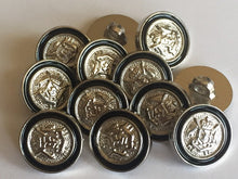 Load image into Gallery viewer, 10 BLACK SILVER Coat Of Arms 15mm Wide Shank Quality Buttons Dresses Tops Coats Babies Blazers Military Uniforms Shirt Sewing Craft