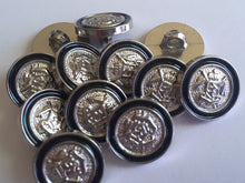 Load image into Gallery viewer, 10 BLACK SILVER Coat Of Arms 15mm Wide Shank Quality Buttons Dresses Tops Coats Babies Blazers Military Uniforms Shirt Sewing Craft