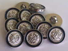 Load image into Gallery viewer, 10 BLACK SILVER Coat Of Arms 15mm Wide Shank Quality Buttons Dresses Tops Coats Babies Blazers Military Uniforms Shirt Sewing Craft