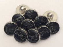 Load image into Gallery viewer, 10 20 BLACK SILVER BOW Tie Shank Quality Buttons 12mm Wide Dresses Tops Coats Babies Blazers Shirt Sewing Craft