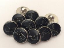 Load image into Gallery viewer, 10 20 BLACK SILVER BOW Tie Shank Quality Buttons 12mm Wide Dresses Tops Coats Babies Blazers Shirt Sewing Craft