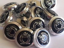Load image into Gallery viewer, 10 20 BLACK SILVER Crown 15mm Wide Shank Quality Buttons Dresses Tops Coats Babies Blazers Military Uniforms Shirt Sewing Craft