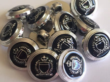 Load image into Gallery viewer, 10 20 BLACK SILVER Crown 15mm Wide Shank Quality Buttons Dresses Tops Coats Babies Blazers Military Uniforms Shirt Sewing Craft