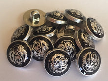 Load image into Gallery viewer, 10 20 BLACK SILVER Crown Coat Of Arms 15mm Wide Shank Quality Buttons Dresses Tops Coats Babies Blazers Military Uniforms Shirt Sewing Craft