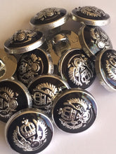 Load image into Gallery viewer, 10 20 BLACK SILVER Crown Coat Of Arms 15mm Wide Shank Quality Buttons Dresses Tops Coats Babies Blazers Military Uniforms Shirt Sewing Craft