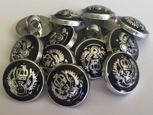 Load image into Gallery viewer, 10 20 BLACK SILVER Crown Coat Of Arms 15mm Wide Shank Quality Buttons Dresses Tops Coats Babies Blazers Military Uniforms Shirt Sewing Craft