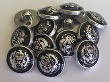 Load image into Gallery viewer, 10 20 BLACK SILVER Crown Coat Of Arms 15mm Wide Shank Quality Buttons Dresses Tops Coats Babies Blazers Military Uniforms Shirt Sewing Craft