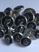 Load image into Gallery viewer, 10 CROWN ROYAL Silver Black 16mm 21mm Wide Shank Quality Buttons Dresses Tops Coats Babies Blazers Jackets Suits Shirts Skirts Trousers