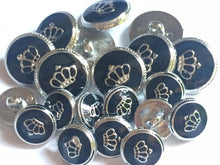 Load image into Gallery viewer, 10 CROWN ROYAL Silver Black 16mm 21mm Wide Shank Quality Buttons Dresses Tops Coats Babies Blazers Jackets Suits Shirts Skirts Trousers