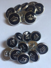 Load image into Gallery viewer, 10 CROWN ROYAL Silver Black 16mm 21mm Wide Shank Quality Buttons Dresses Tops Coats Babies Blazers Jackets Suits Shirts Skirts Trousers