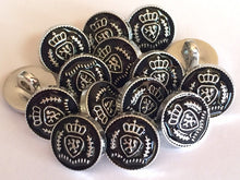 Load image into Gallery viewer, 10 20 BLACK SILVER CROWN Shank Quality Buttons 13mm Wide Dresses Tops Coats Babies Blazers Shirt Sewing Craft