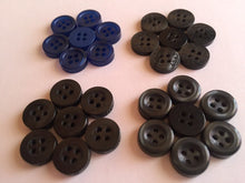 Load image into Gallery viewer, 30 50 Quality 11mm Wide Buttons Shirt Babies Knit Crochet Sewing Craft Blue Black Grey Crazy Horse Enyce 4 Holes