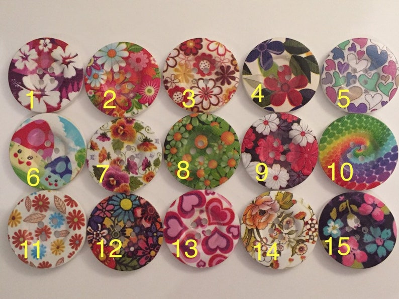 1pc Wooden Buttons 40mm Wide Sewing Craft 4 holes Different Flower Designs Pattern Colours
