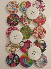 Load image into Gallery viewer, 1pc Wooden Buttons 40mm Wide Sewing Craft 4 holes Different Flower Designs Pattern Colours