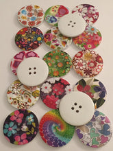 Load image into Gallery viewer, 1pc Wooden Buttons 40mm Wide Sewing Craft 4 holes Different Flower Designs Pattern Colours