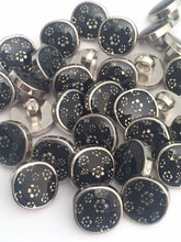 Load image into Gallery viewer, 10 20 50 GOLD Flower On Black Shank Quality Buttons 11mm Wide Dresses Tops Coats Babies Blazers Shirt Sewing Craft