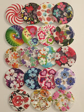Load image into Gallery viewer, 1pc Wooden Buttons 50mm Wide Sewing Craft 4 holes Different Flower Designs Pattern Colours
