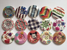 Load image into Gallery viewer, 3 4 5 Wooden Buttons 30mm Wide Sewing Craft 4 holes Flower Stripes Check Toys Different Designs Pattern Colours