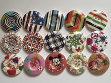 Load image into Gallery viewer, 3 4 5 Wooden Buttons 30mm Wide Sewing Craft 4 holes Flower Stripes Check Toys Different Designs Pattern Colours