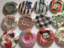 Load image into Gallery viewer, 3 4 5 Wooden Buttons 30mm Wide Sewing Craft 4 holes Flower Stripes Check Toys Different Designs Pattern Colours