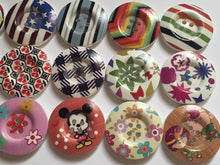 Load image into Gallery viewer, 3 4 5 Wooden Buttons 30mm Wide Sewing Craft 4 holes Flower Stripes Check Toys Different Designs Pattern Colours