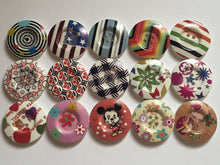 Load image into Gallery viewer, 3 4 5 Wooden Buttons 30mm Wide Sewing Craft 4 holes Flower Stripes Check Toys Different Designs Pattern Colours